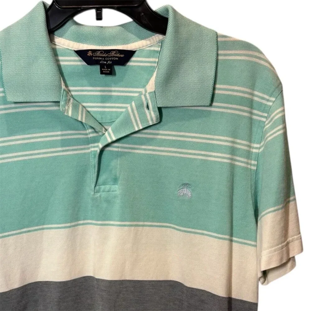 Brooks Brothers slim fit short sleeve polo Men's Large supima cotton aqua stripe